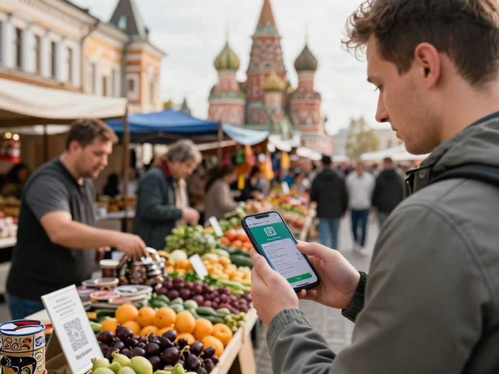 Turista utilizando https://payinrussia.com/ en un mercado ruso vibrante con vendedores locales.