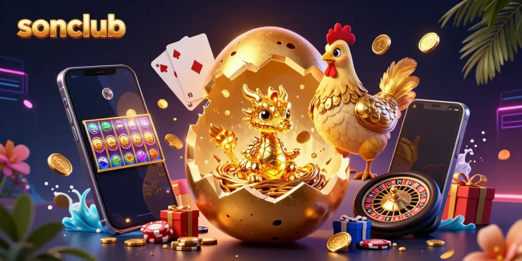 Experience winning excitement with sonclub's golden dragon and vibrant casino elements in a dynamic 3D scene.