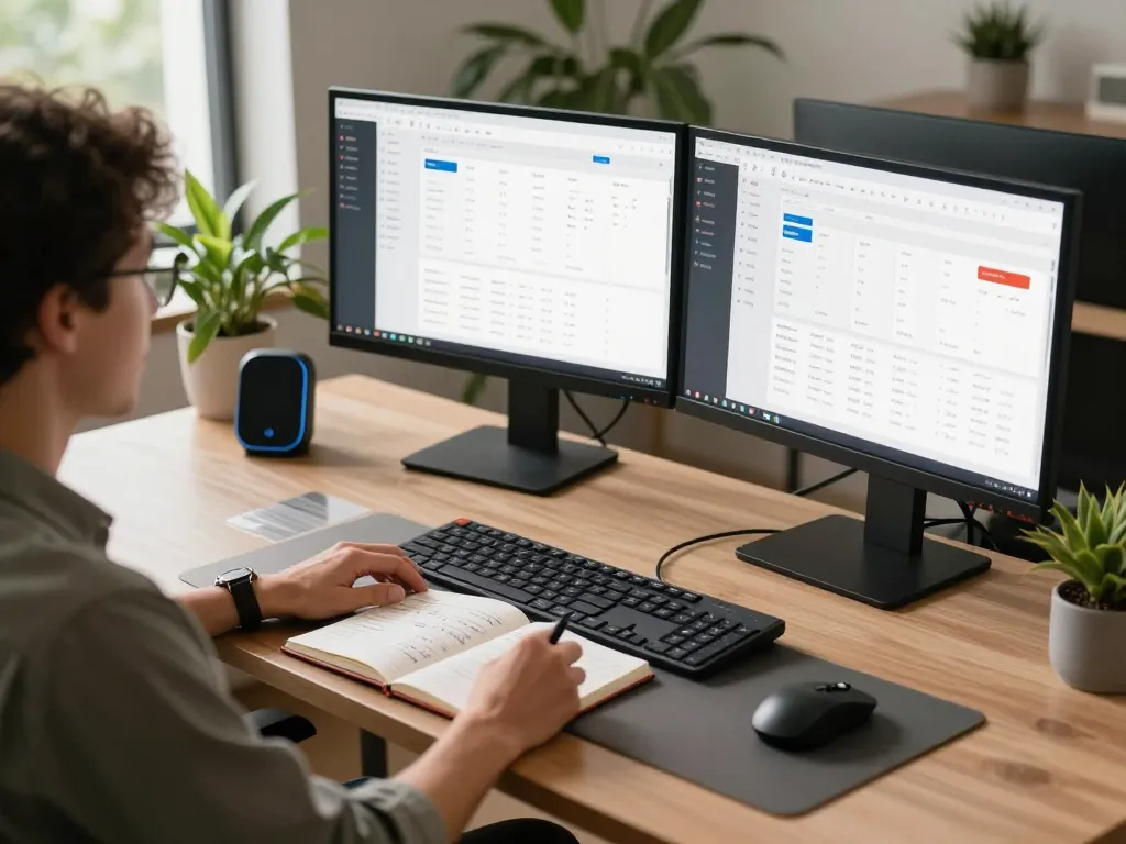 Tech gadgets for productivity showcased in a modern home office setting with dual monitors and ergonomic accessories