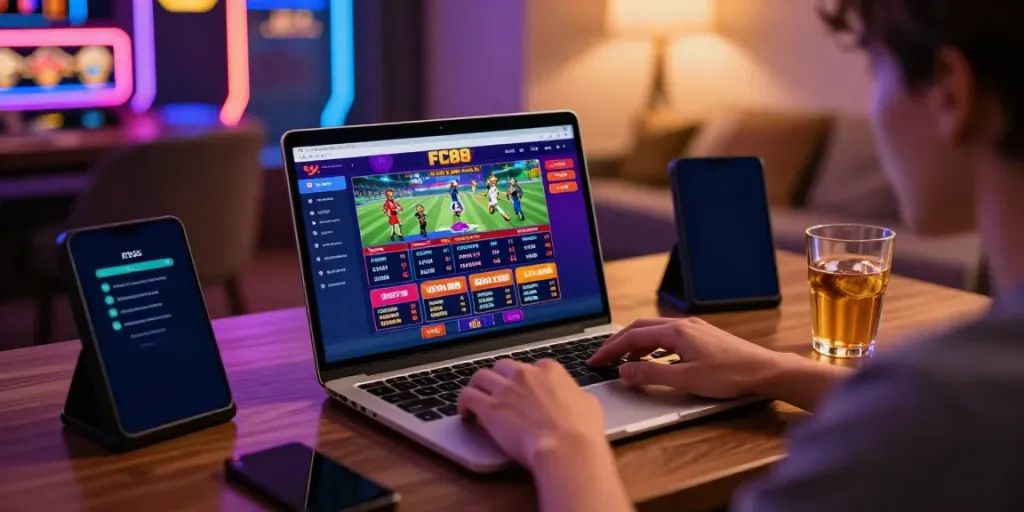 Engaged user enjoying online gambling at FC88, showcasing vibrant casino graphics.