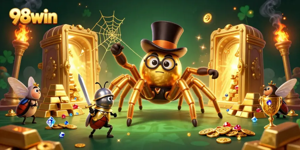 Engage in the thrilling world of 98win with a golden tarantula and beetle knight navigating casino treasures.