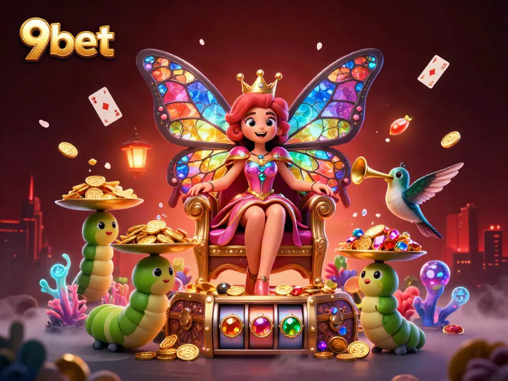 Experience the vibrant world of 9bet with the butterfly queen and treasure elements illustrated in 3D.