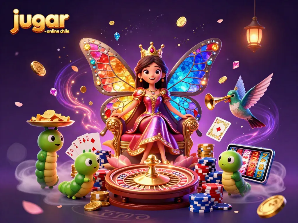Disfruta jugar casino online Chile con una impresionante ilustración de una reina mariposa y monedas doradas.