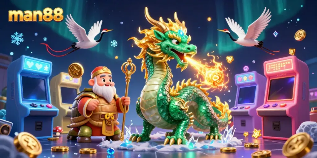 Experience high-stakes gaming at man88 with a dynamic 3D scene featuring a jade dragon and arcade elements