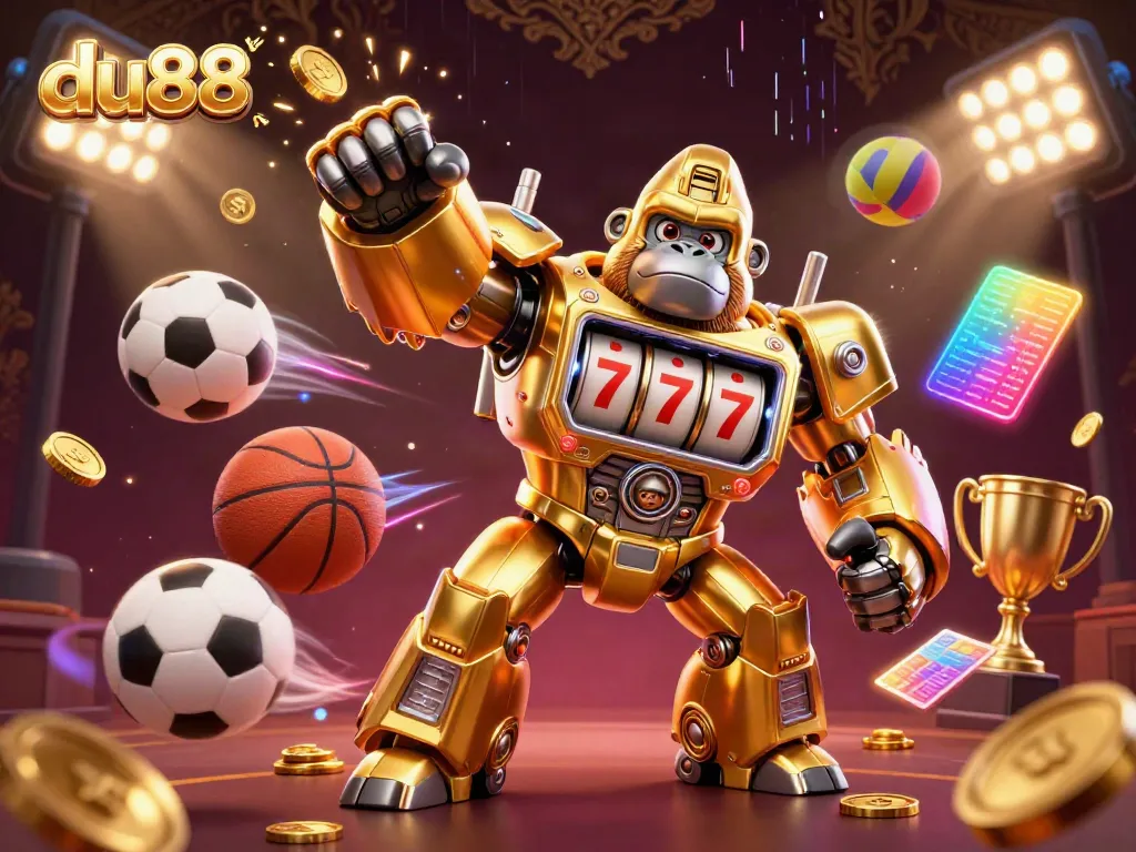 Experience exciting gaming at du88 with a vibrant golden gorilla mech amidst dynamic sports elements.