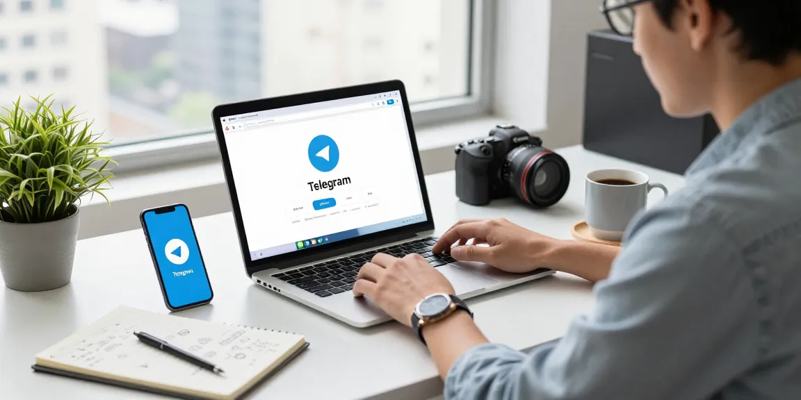 Engaging interaction with Telegram网页版 on a modern workspace laptop surrounded by tech gadgets.