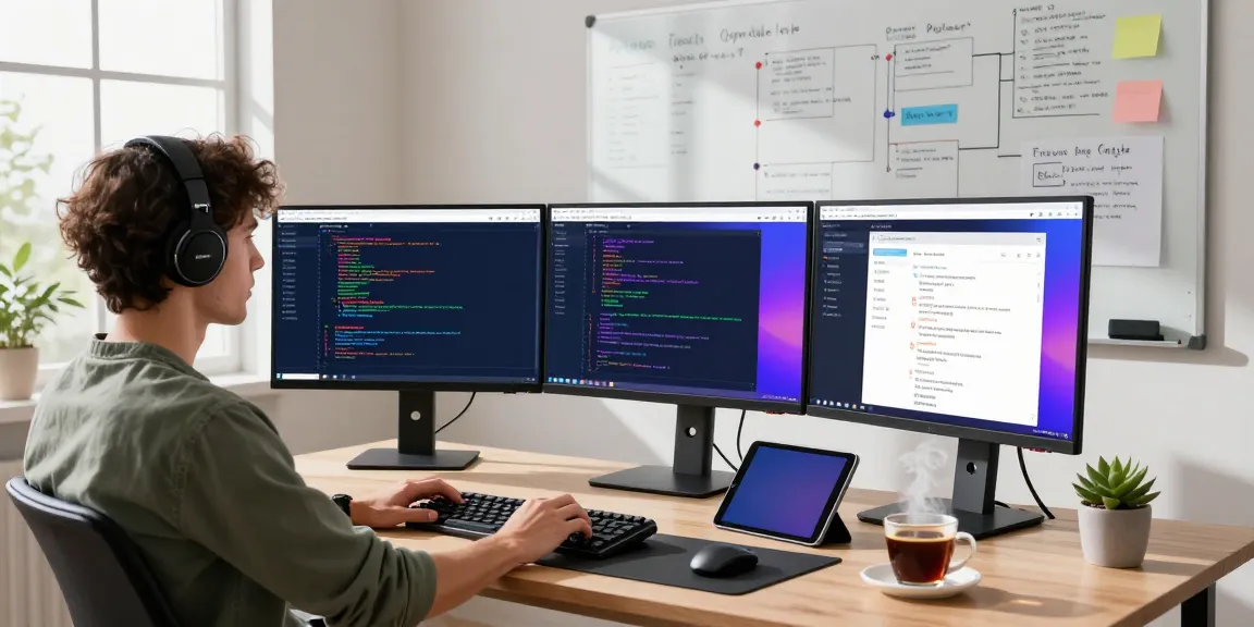 Engaged developer using Telegram Web Version on multiple screens in a vibrant tech workspace.