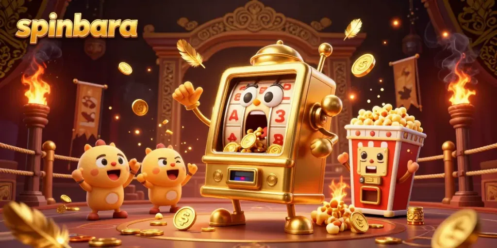 Experience winning excitement at Spinbara with animated golden slot machines celebrating jackpots in an electrifying casino scene.