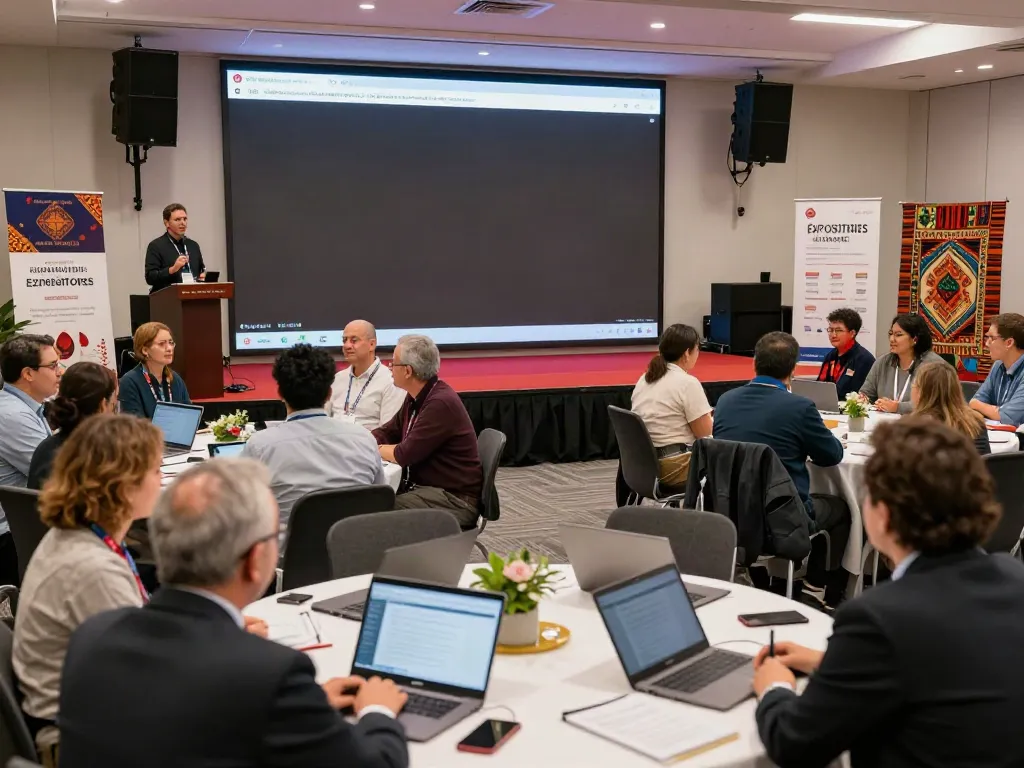 Attendees engaging with Expositores at a vibrant conference event.