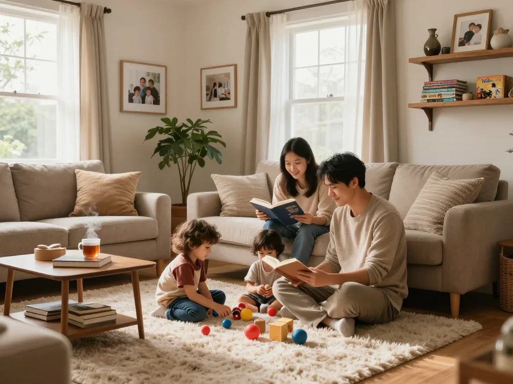 Familia disfrutando de servicios de hogar acogedores en una cálida atmósfera de sala de estar.