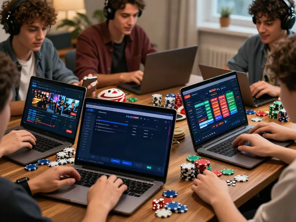 Players engaging with GEM88 gaming platform on laptops and smartphones, showcasing vibrant sports betting and live casino.