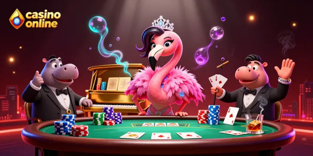Ilustración 3D de un cantante de casino online, mesa de póker y elementos vibrantes.