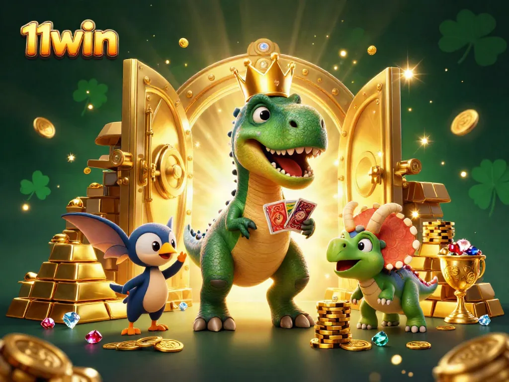 Experience the magic of 11win with a friendly T-Rex and vibrant casino action in this lively illustration.