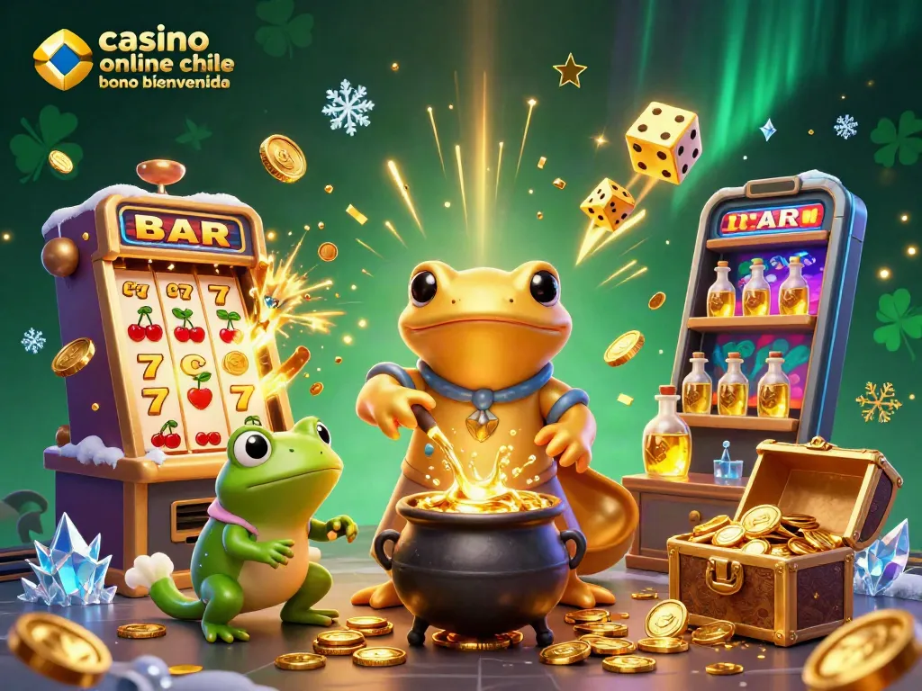 Disfruta del mejor casino online Chile con bono bienvenida en una ilustración multicolor de magia y premios.