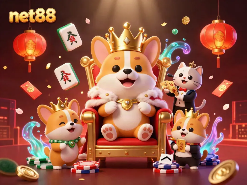 Engage with net88's fun atmosphere featuring a royal corgi on poker chips while showcasing vibrant casino elements.