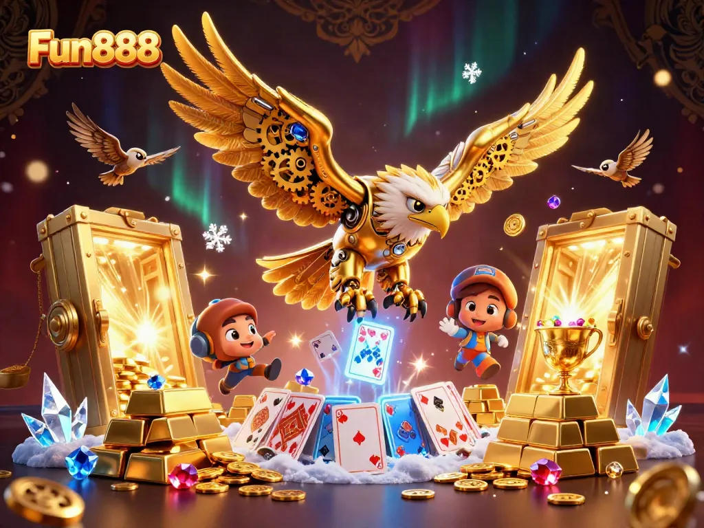 Engage with the thrill of Fun888 as the golden eagle dives through a cascade of cards, symbolizing an exciting gaming experience.