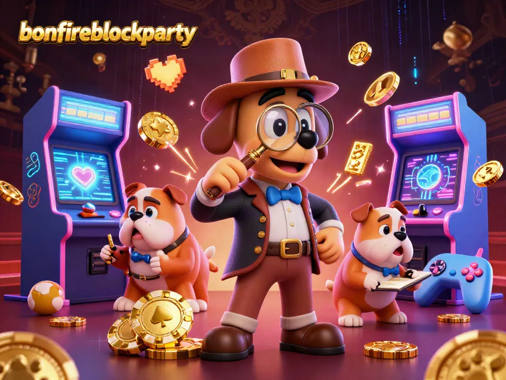 Engage in the bonfireblockparty with a detective exploring poker clues amidst vibrant casino elements.