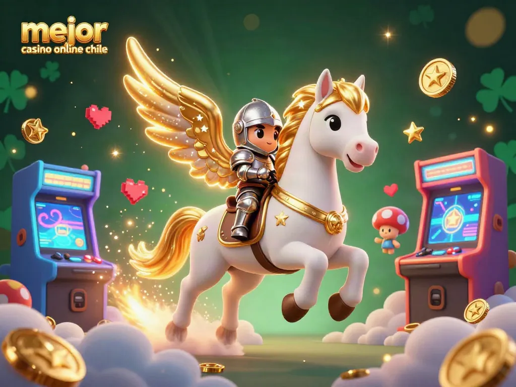 Gira en el mejor casino online Chile con un caballo celestial entre máquinas de juego vibrantes.