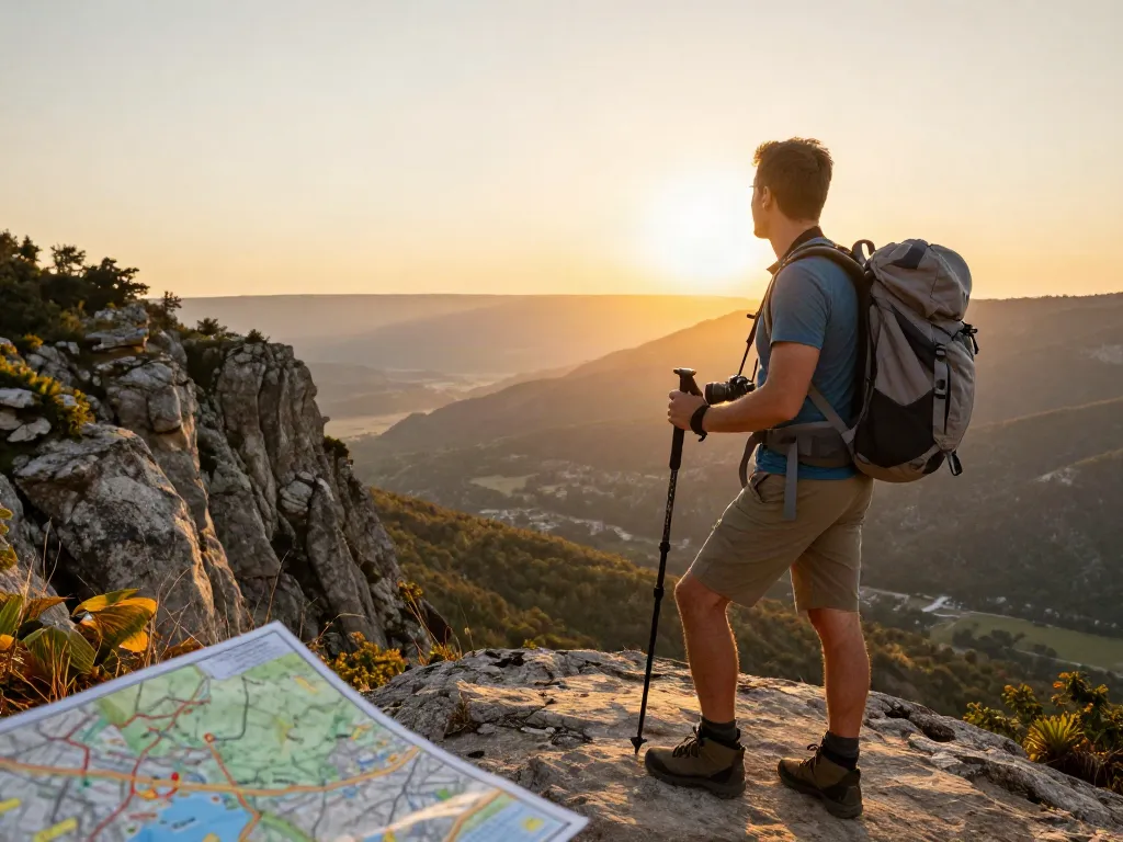Vista de un aventurero en Siracusa, the-sierakaudalo, explorando un paisaje montañoso al atardecer.