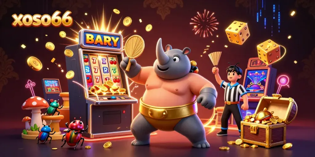Experience the thrilling xoso66 universe with a fiery showdown featuring a beetle champion and dynamic gaming symbols.