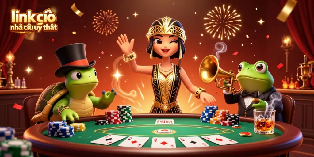 Experience the excitement of winning at link vào nhà cái uy tín with this vibrant casino-themed illustration showcasing colorful poker elements.