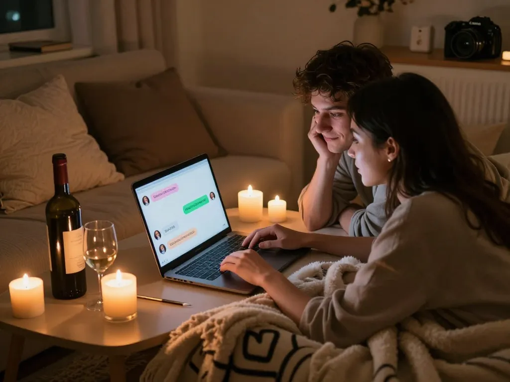 Couple enjoying an NSFW chat in a cozy setting with warm lighting.