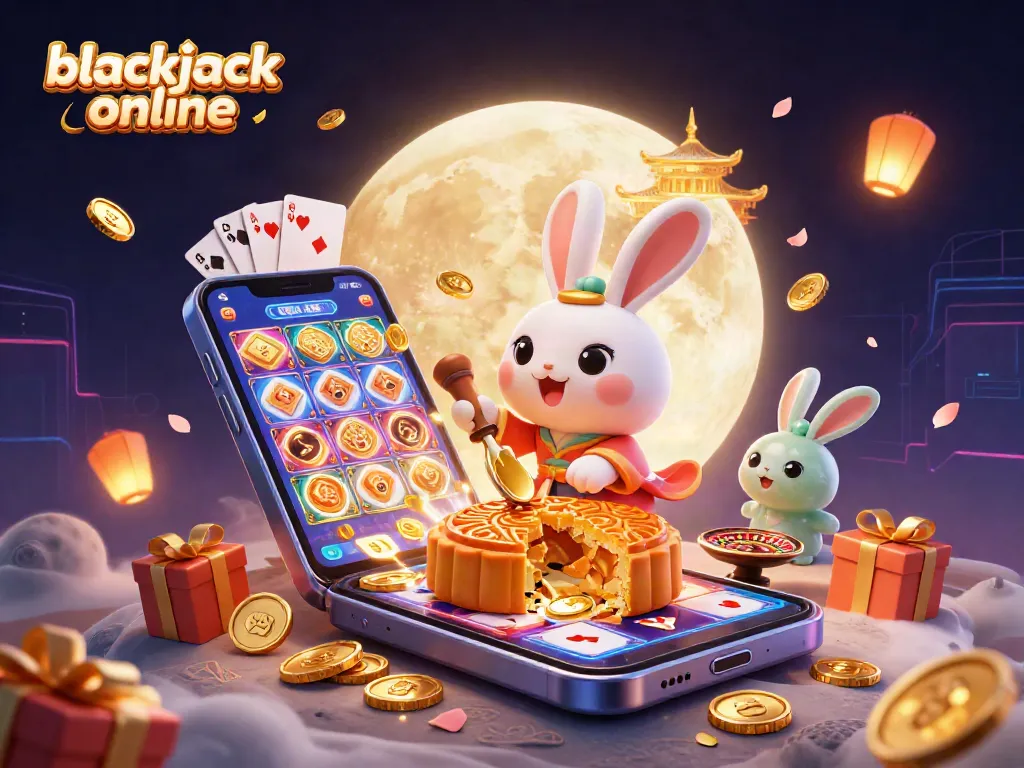 Disfruta del blackjack online con un conejo de luna 3D, jugando y rodeado de fichas y cartas de juego.