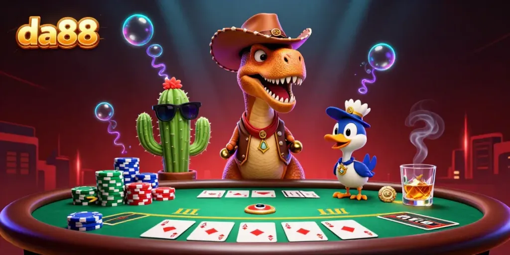Engage with da88's thrilling poker scene featuring a T-Rex cowboy and colorful poker elements.