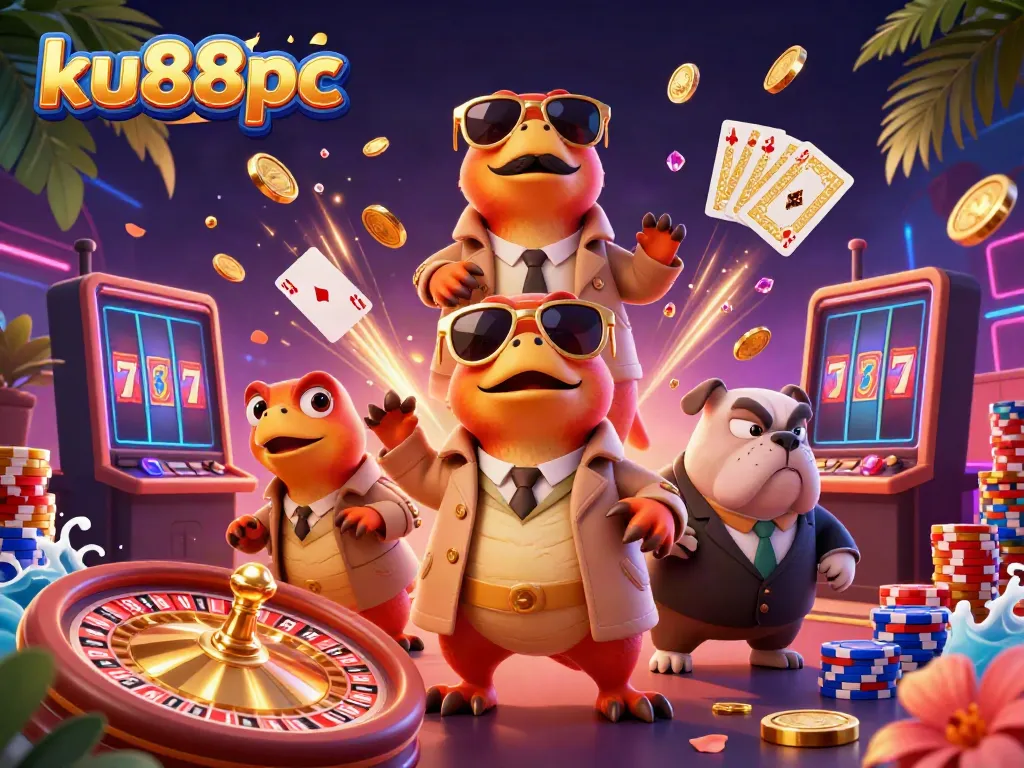 Exciting casino scene showcasing raptors in a trench coat at ku88pc VIP lounge with casino elements.