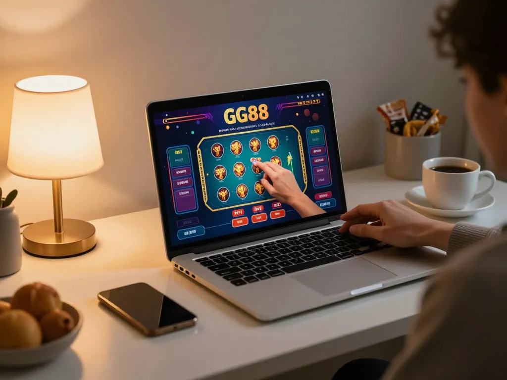 Engaging gameplay on GG88 casino app displayed on a laptop in a modern home setting.