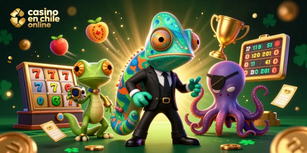 Explora el casino en Chile online con agentes animados y elementos de juego vibrantes.