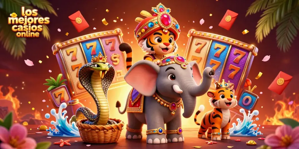 Descubre los mejores casinos online con este vibrante y dinámico diseño 3D lleno de símbolos de la suerte.