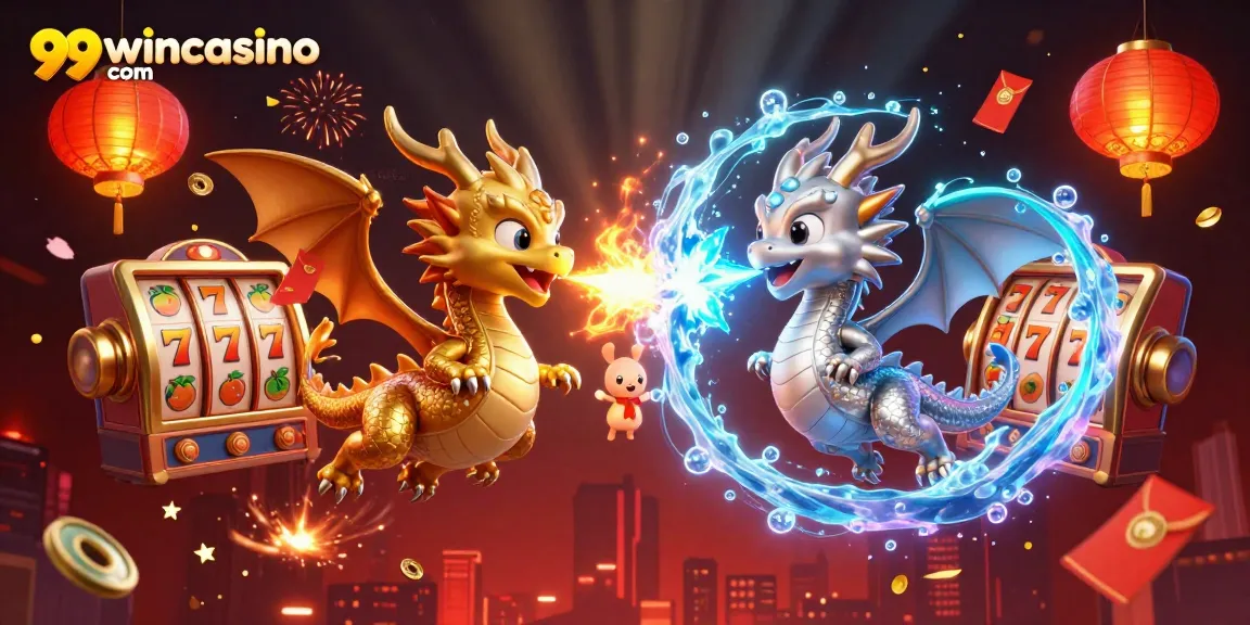 Engaging scene from 99wincasino com showcasing dragons and vibrant casino elements in 3D illustration.