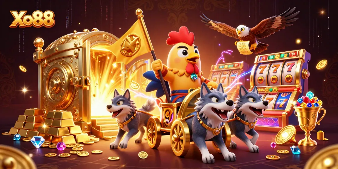 Xo88 captivates with a dynamic casino scene featuring a rooster warlord in a golden chariot amidst riches.