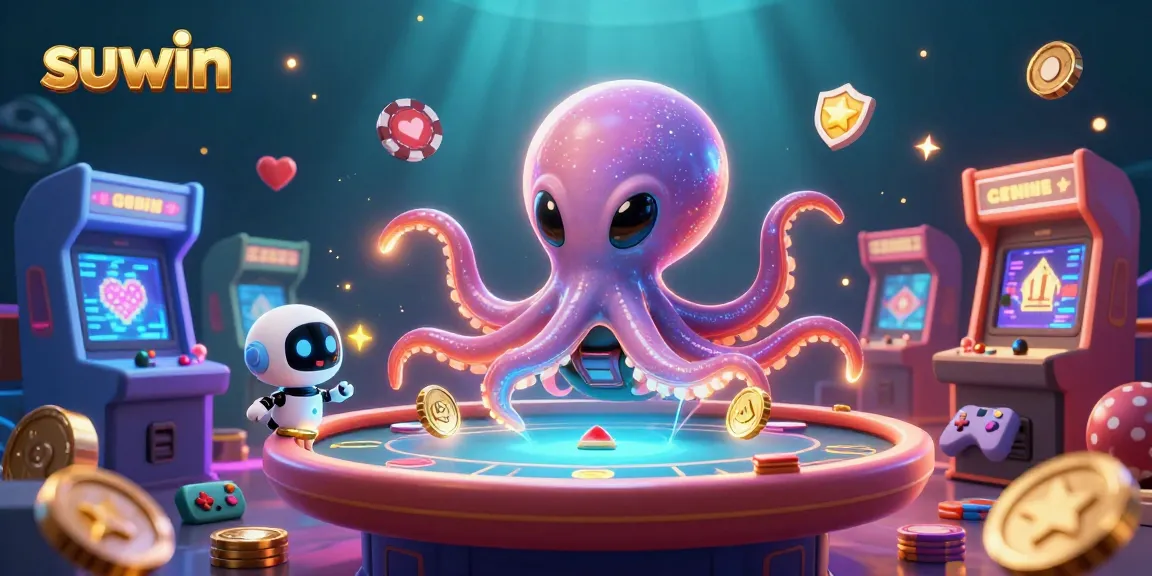 Suwin offers an exciting gambling experience with an alien octopus playing poker, surrounded by cosmic game elements.