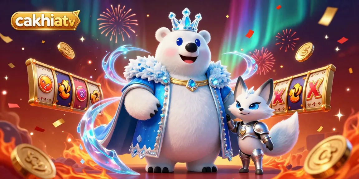 Cakhiatv showcases an illuminated polar bear king with dynamic slot elements, creating a vibrant gambling atmosphere.