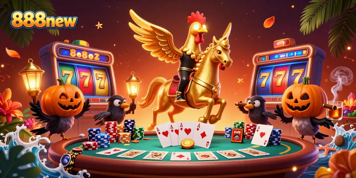 Experience the thrill of 888new with golden rooster characters and dynamic slot machines in a midnight casino scene.