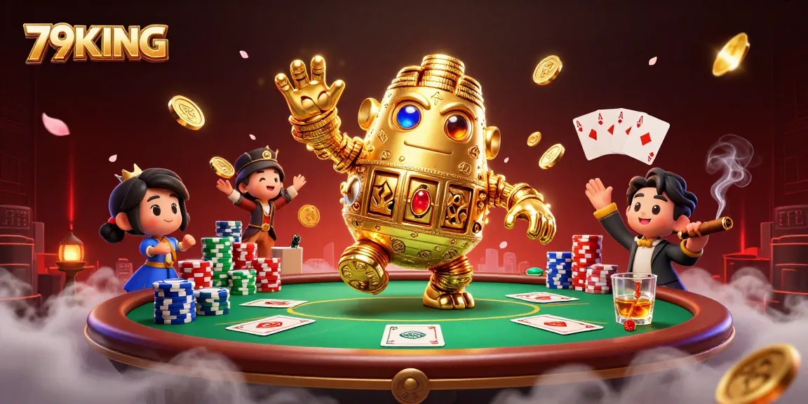 Engage with 79KING's vibrant 3D fantasy casino atmosphere featuring a golden golem and poker elements.