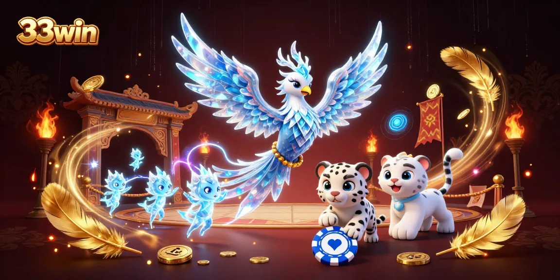 Experience stunning wins at 33win, featuring an ice phoenix and playful elements in a vibrant casino scene.