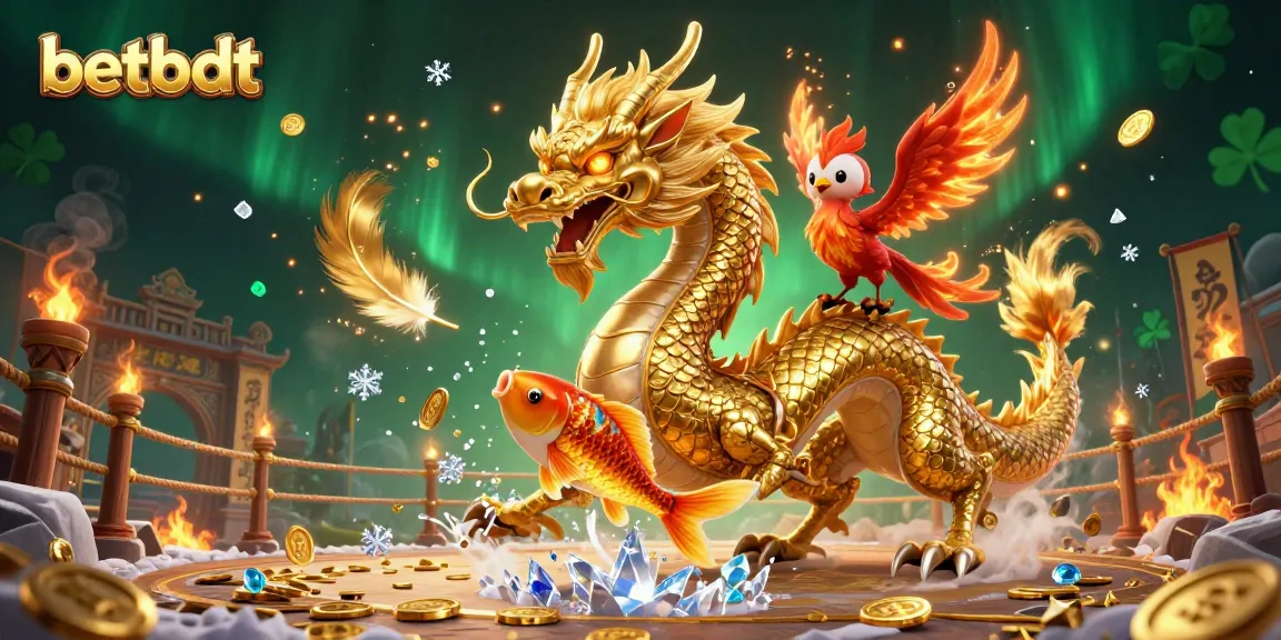 Betbdt showcases a fierce Chinese dragon and phoenix in a thrilling casino scene filled with winning coins.
