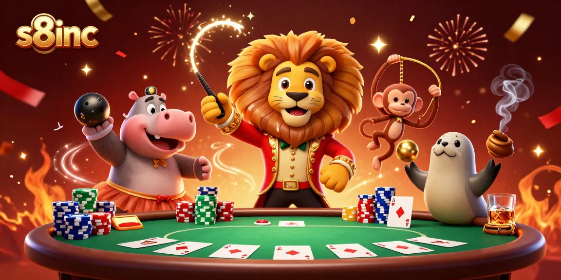 Experience the exciting world of s8inc with a dynamic casino scene featuring lively characters and poker excitement.