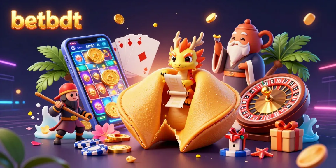 Engage with betbdt games featuring a golden fortune cookie, dragon, and casino elements in a vibrant 3D scene.
