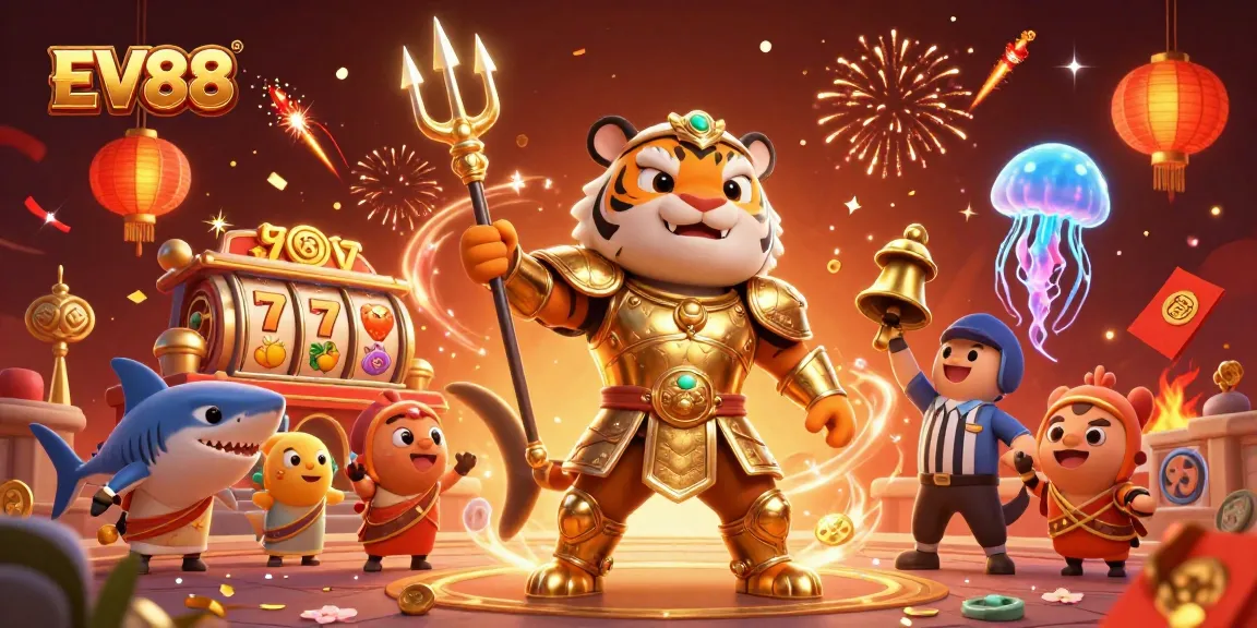 Experience the thrilling EV88 casino adventure with a golden shark and vibrant slot elements in this dynamic scene.