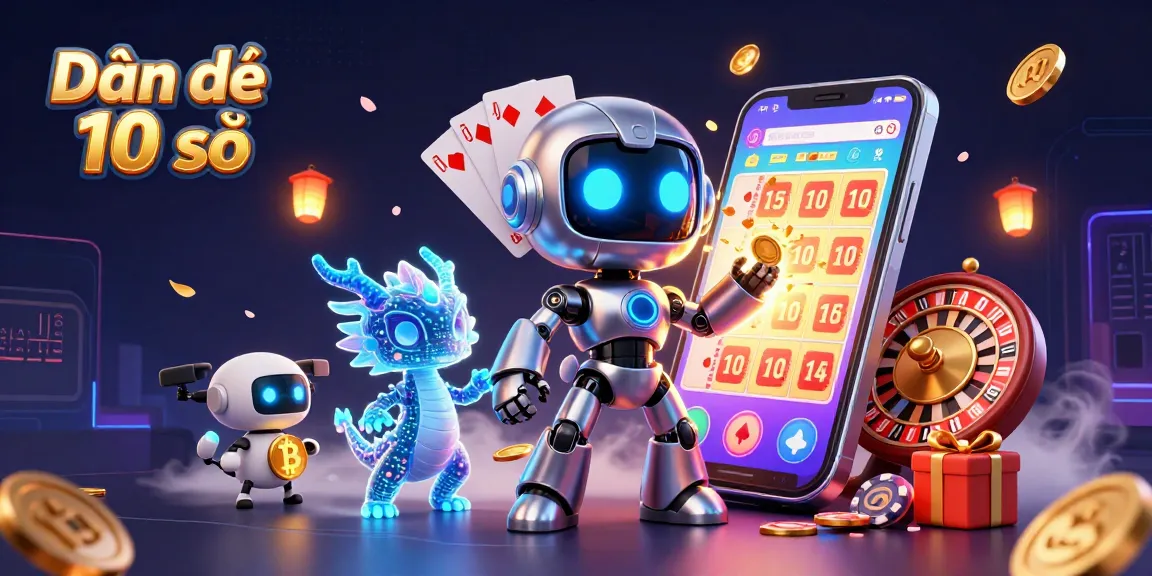 Dàn đề 10 số lottery game scene featuring a vibrant 3D robot and dragon in a casino atmosphere.