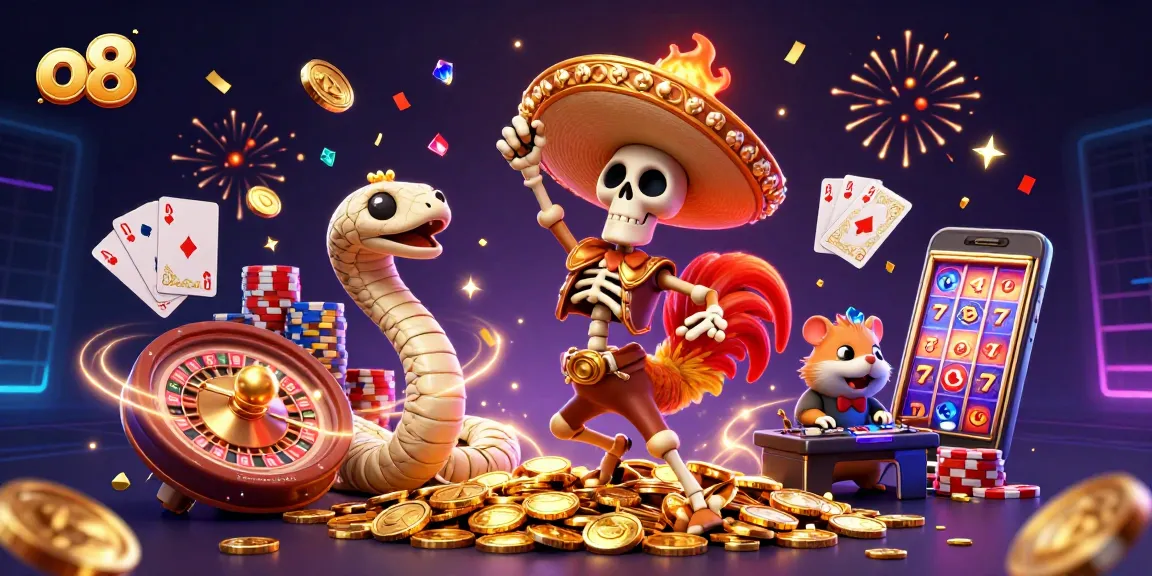 Experience the excitement of o8 with a winning skeleton mariachi dancing on golden coins surrounded by casino elements.
