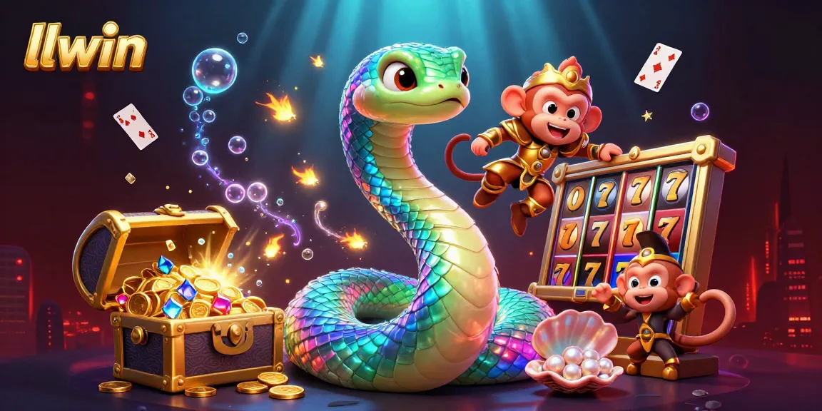 llwin's vibrant 3D illustration showcases a rainbow serpent amidst sparkling casino elements, enhancing gaming excitement.