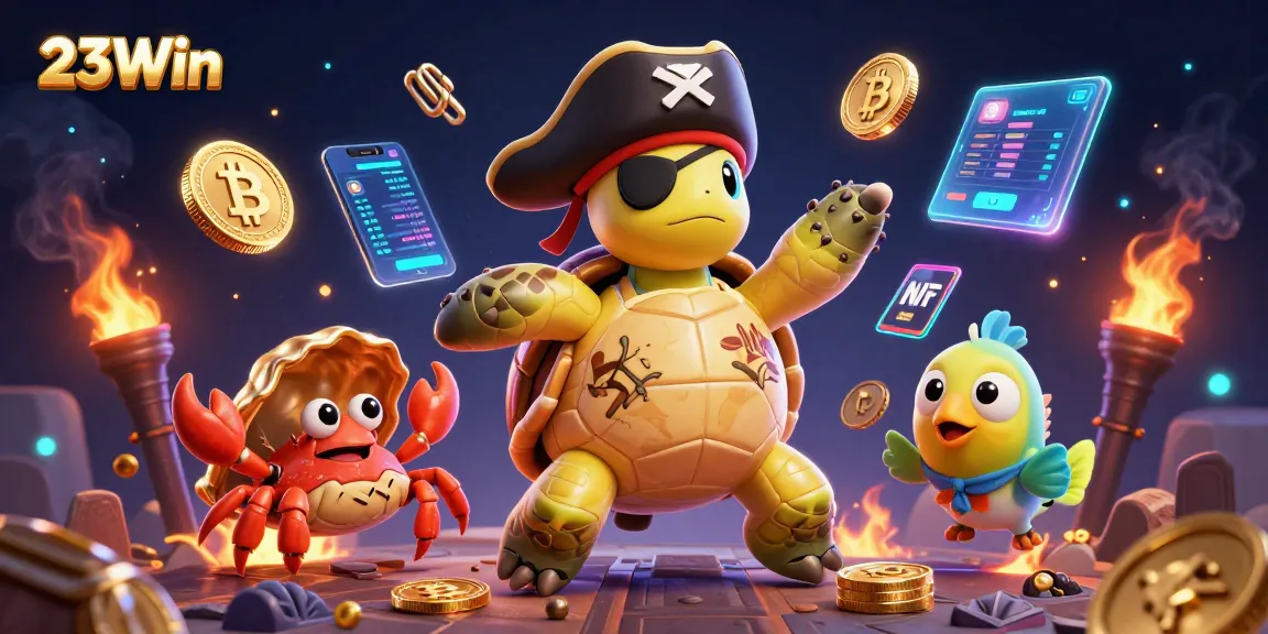 Engage with 23Win's vibrant casino universe featuring dynamic pirate characters and crypto elements