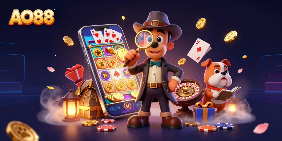 Engage with AO88's exciting casino games featuring a detective and dog discovering clues and treasures.