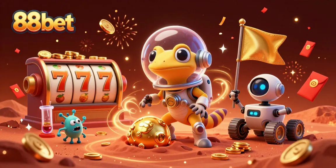 Experience the thrill of winning with 88bet's vibrant casino atmosphere illustrated in a Martian scene.