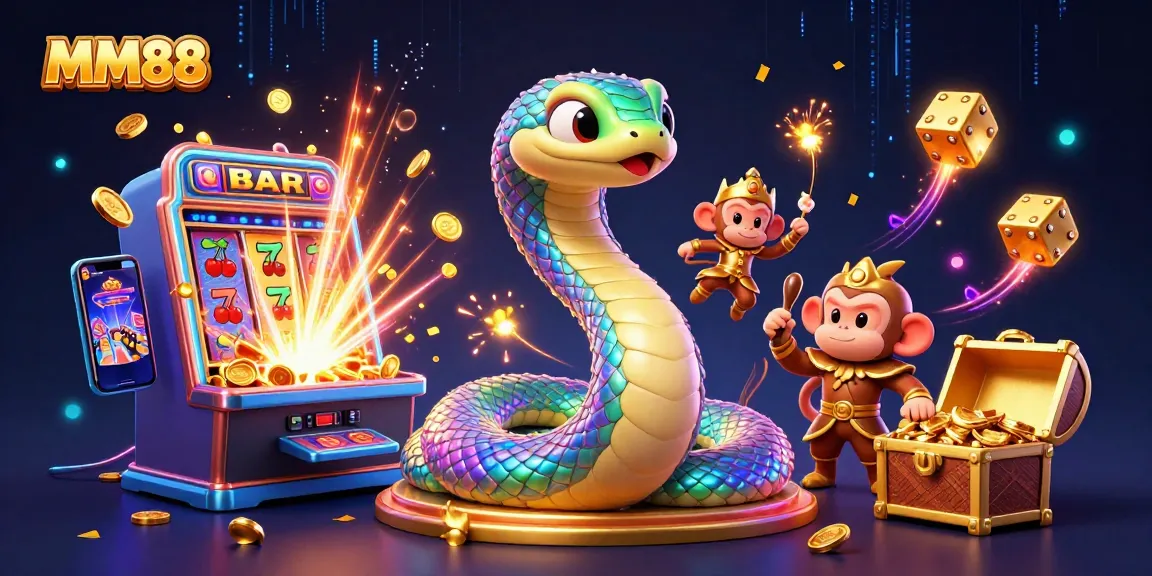 MM88 players enjoying a vibrant 3D illustration of a slot jackpot with a rainbow serpent and monkey king.
